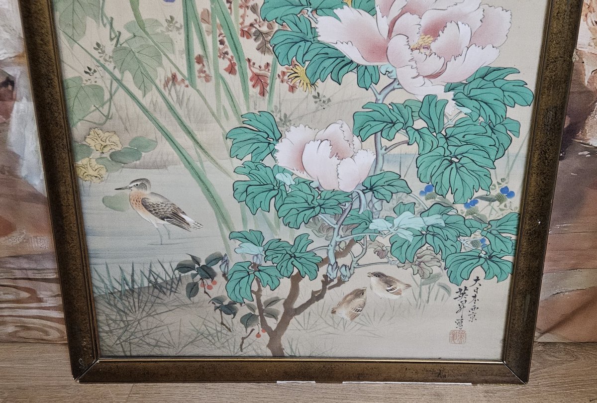 Asie vers 1900 : grande peinture sur soie, représentant des oiseaux branchés-photo-4