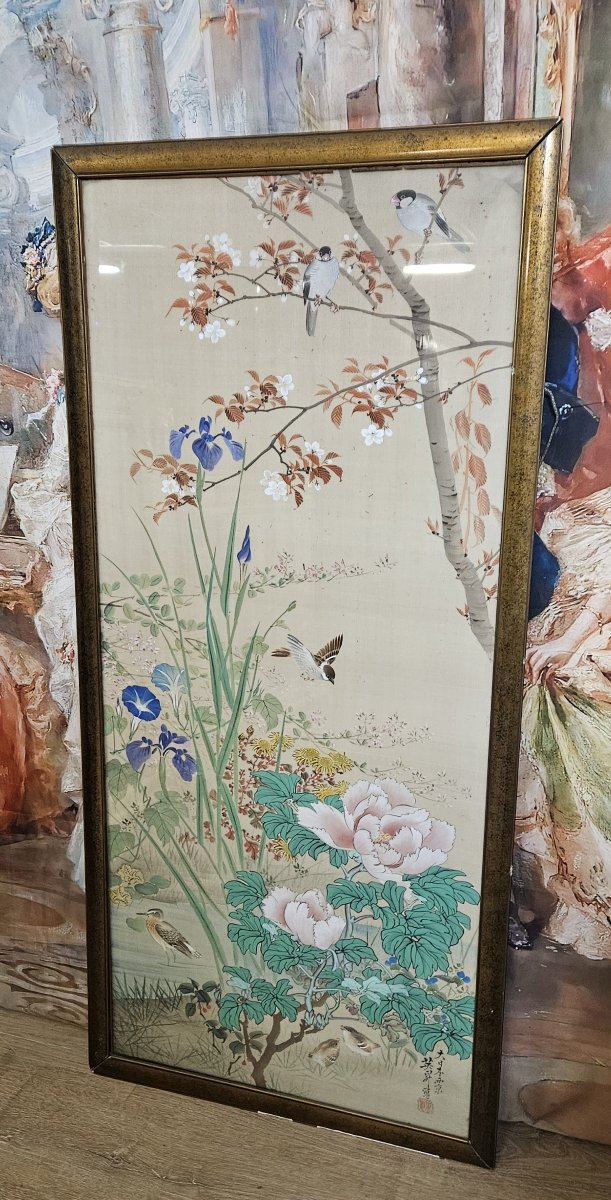 Asie vers 1900 : grande peinture sur soie, représentant des oiseaux branchés-photo-7