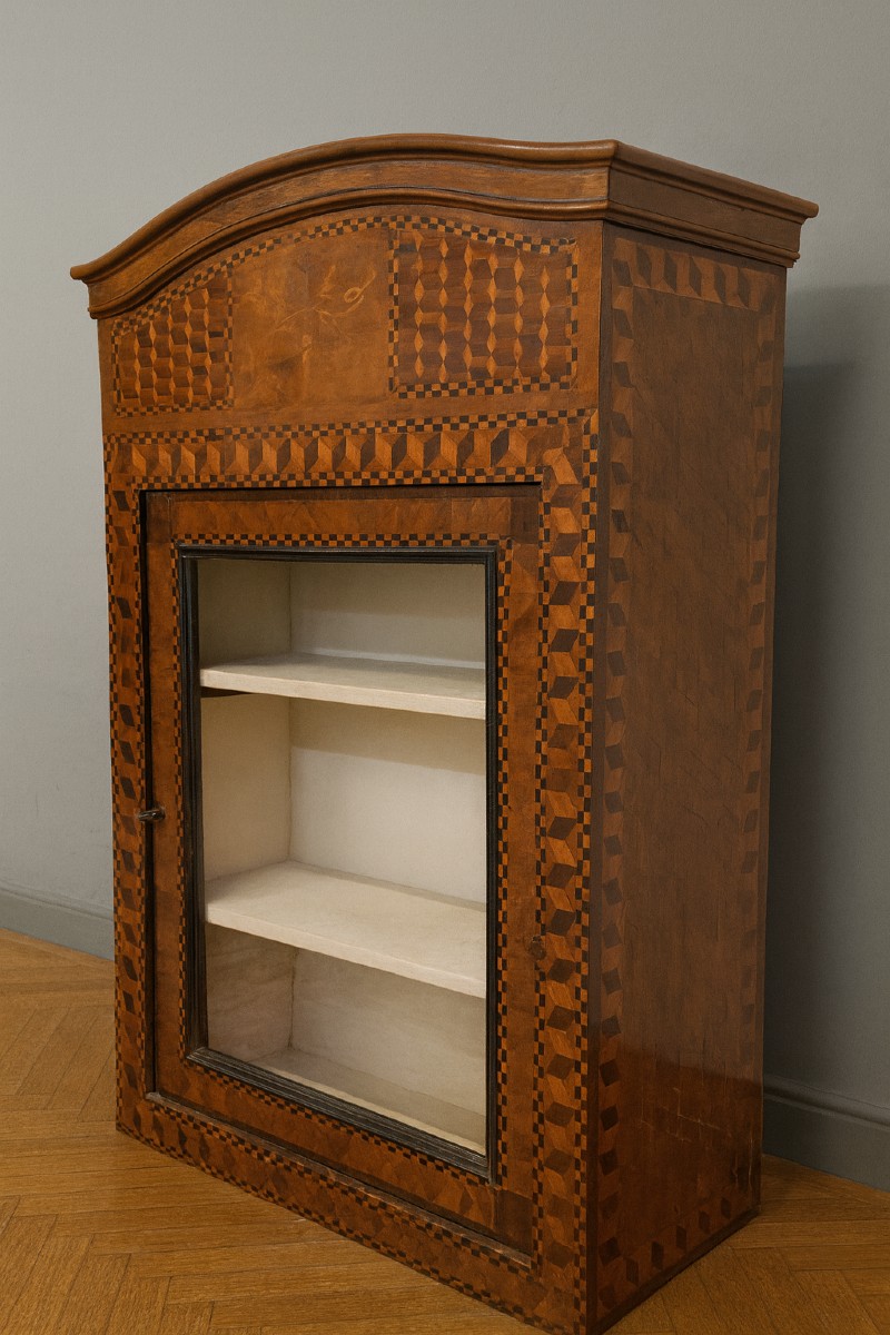 Antique Louis XV Period Display Case In Marquetry With Geometric Designs
