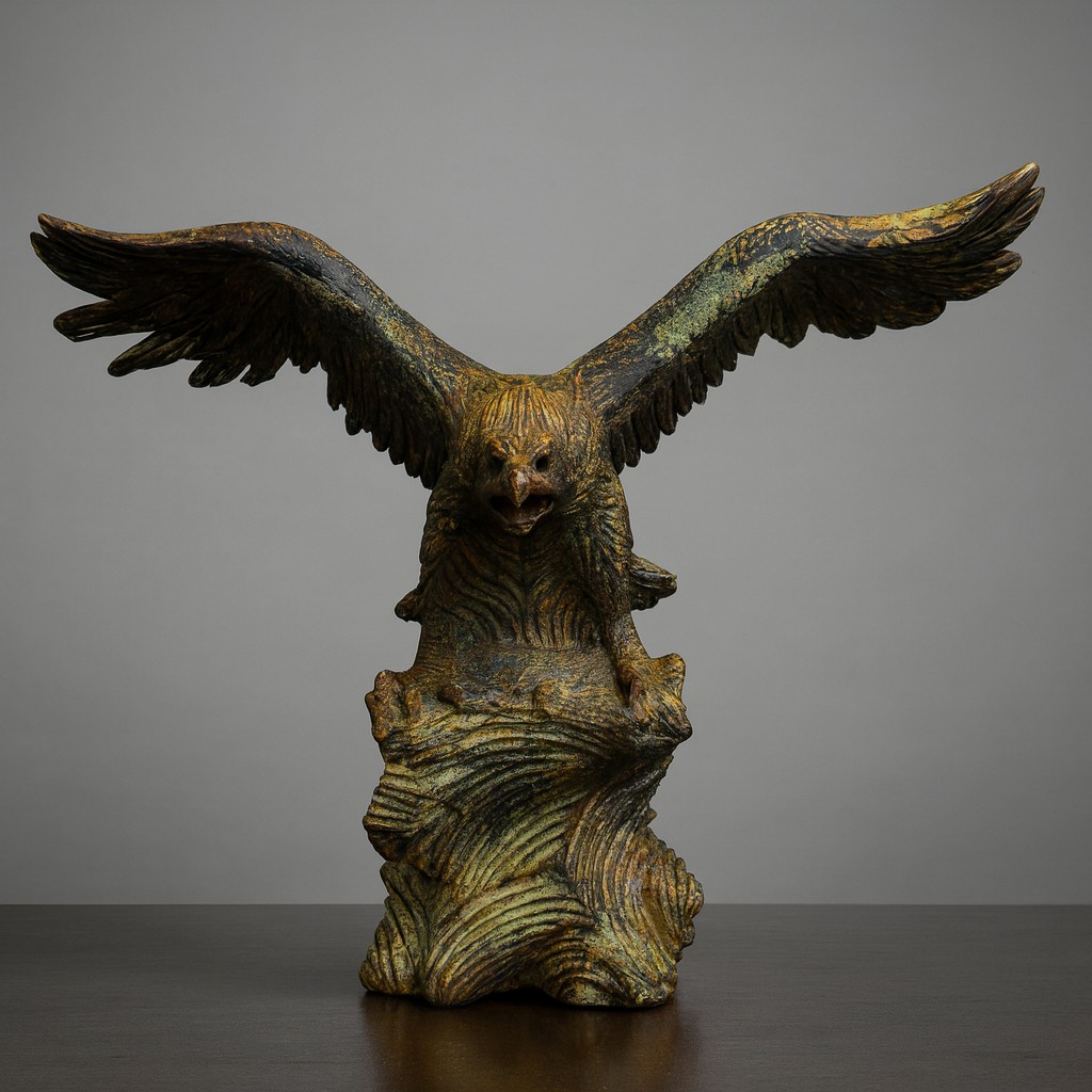 Grande sculpture en fonte représentant un aigle en plein vol, ailes déployées