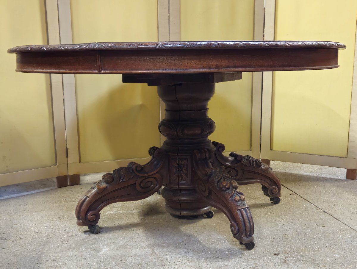 Round Extendable Side Table In Solid Oak, Renaissance Style-photo-1