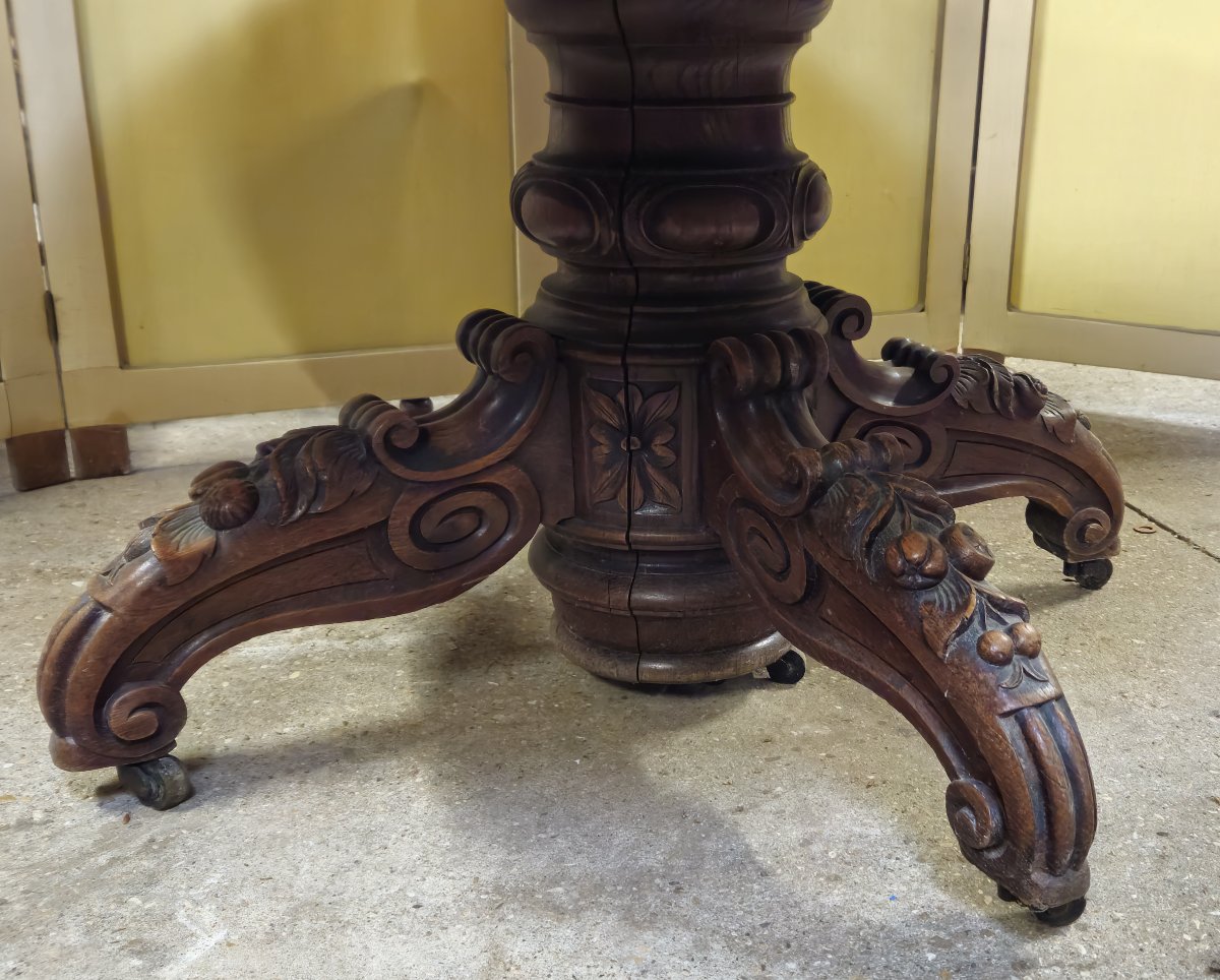 Round Extendable Side Table In Solid Oak, Renaissance Style-photo-3