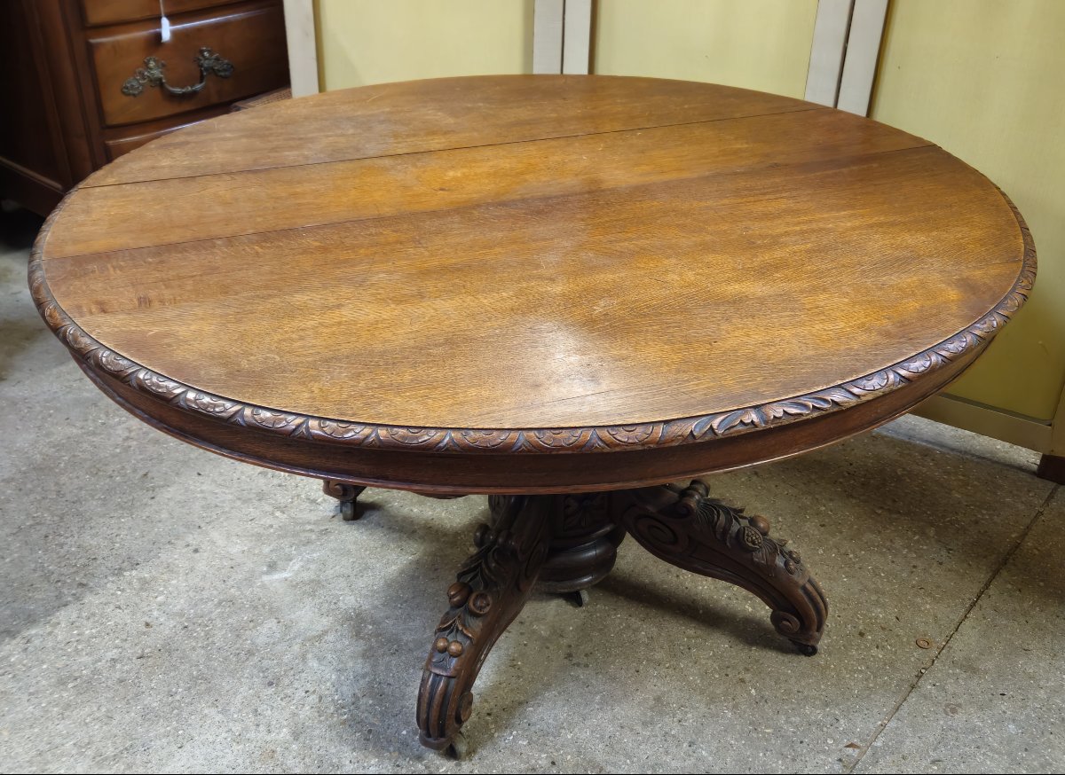 Round Extendable Side Table In Solid Oak, Renaissance Style-photo-4