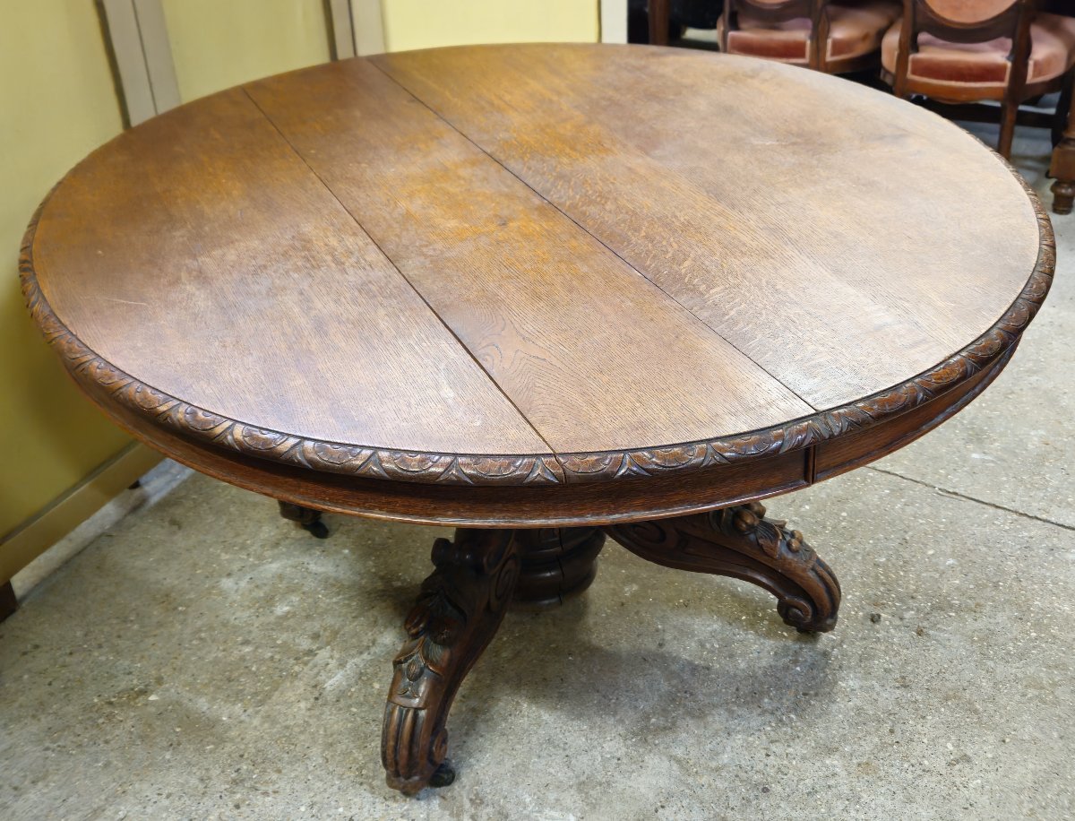 Round Extendable Side Table In Solid Oak, Renaissance Style-photo-5