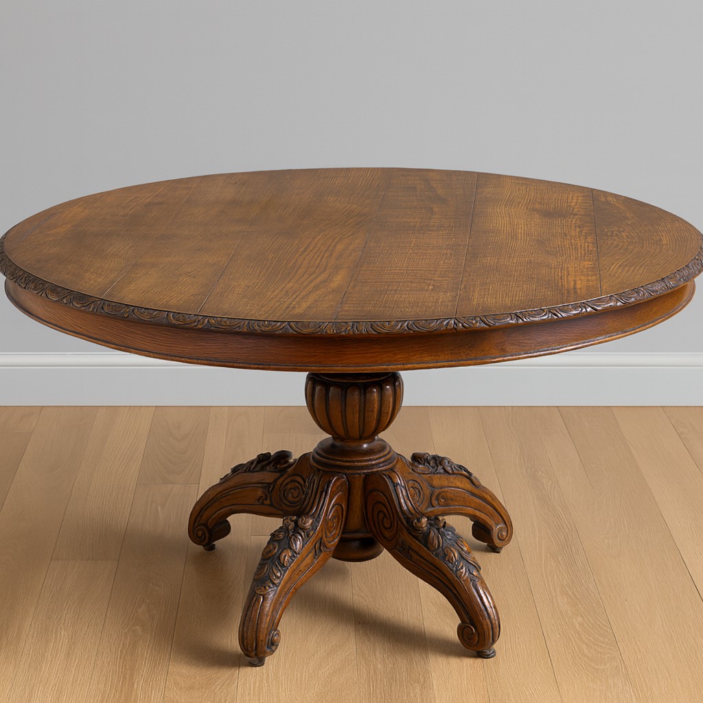 Round Extendable Side Table In Solid Oak, Renaissance Style