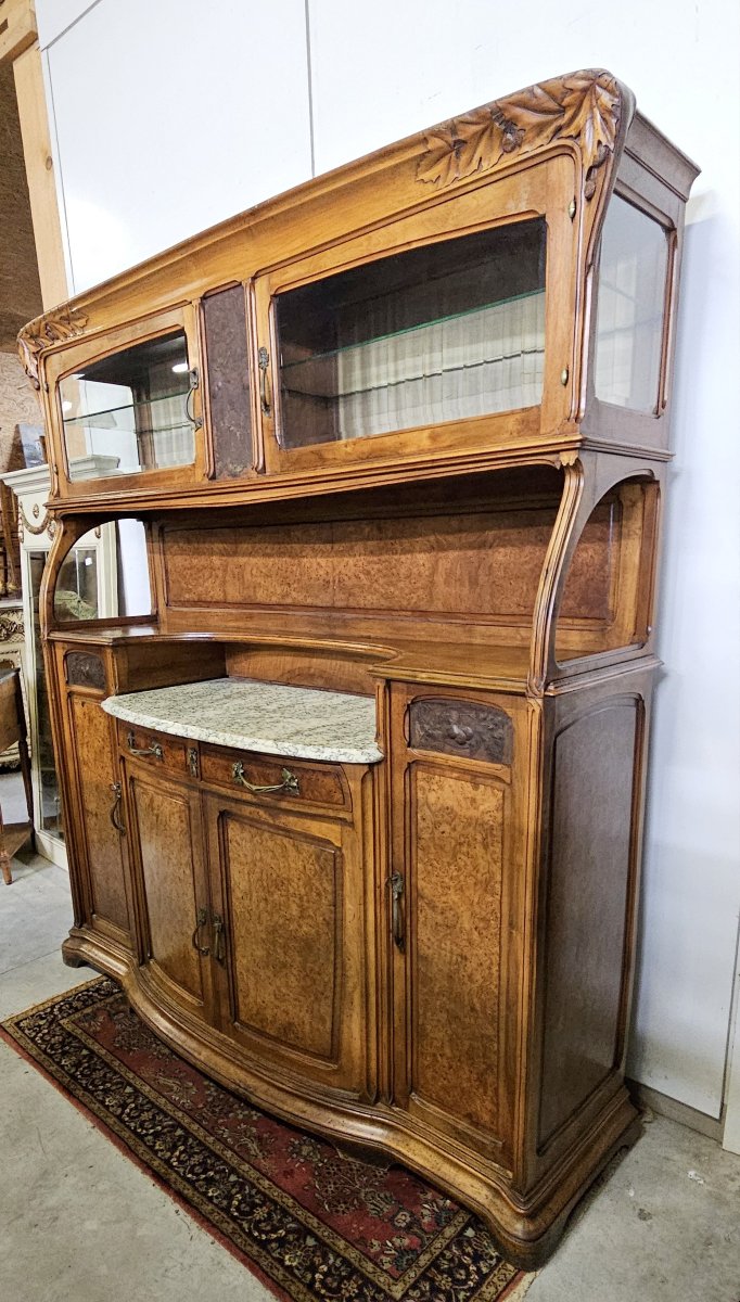 D'après Gauthier-Poinsignon : grand buffet a deux corps époque Art Nouveau en noyer et loupe-photo-3