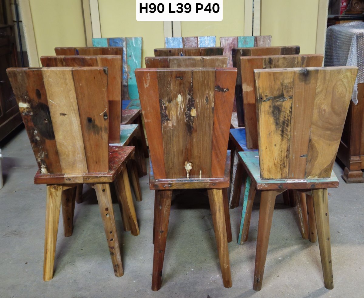 Série de douze chaises réalisées en bois de bateaux recyclés, chaque modèle étant unique-photo-8