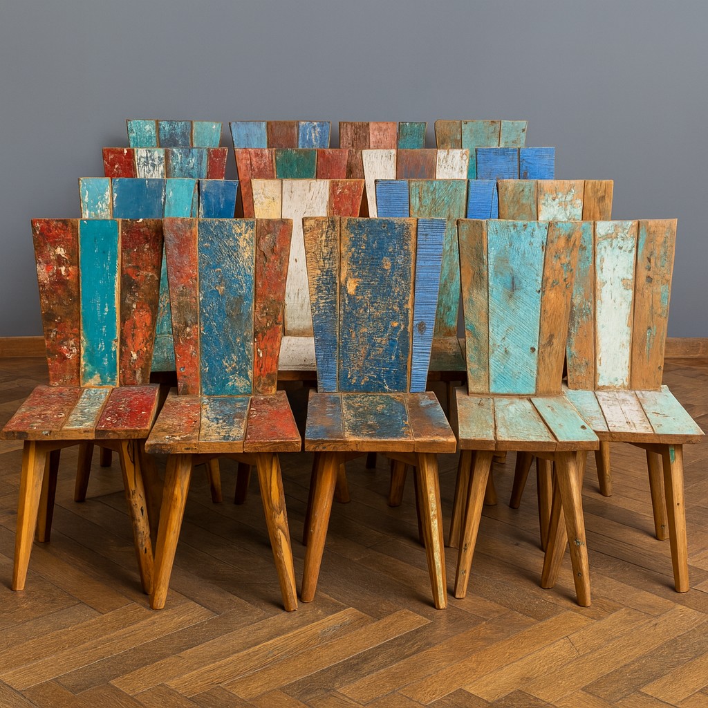 Série de douze chaises réalisées en bois de bateaux recyclés, chaque modèle étant unique