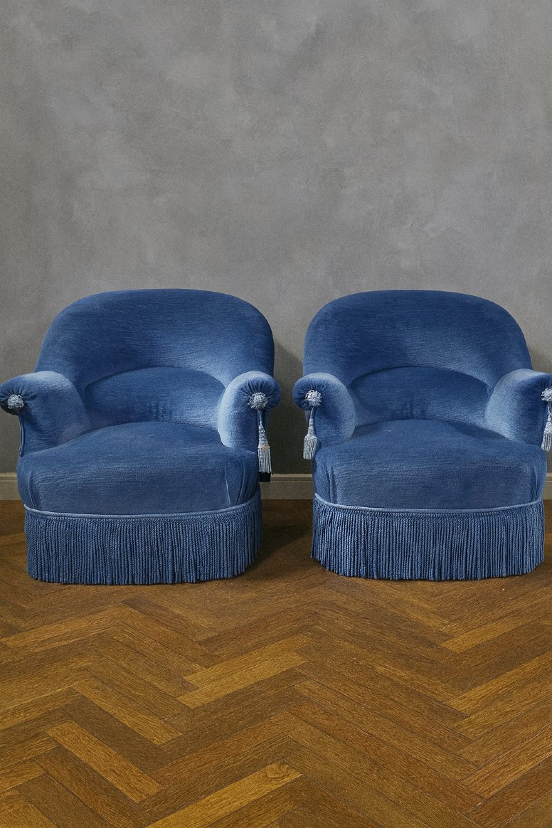 Pair Of Napoleon III Period Toadstool Armchairs In Deep Blue Velvet-photo-1