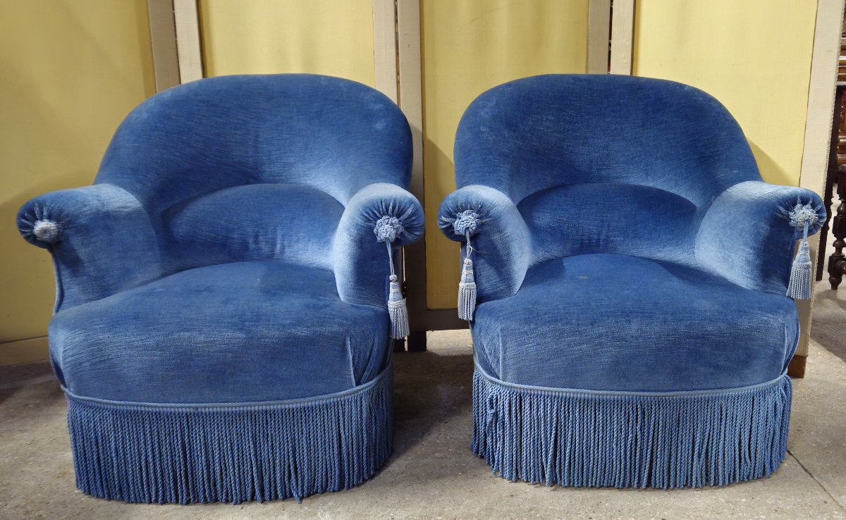 Pair Of Napoleon III Period Toadstool Armchairs In Deep Blue Velvet-photo-2