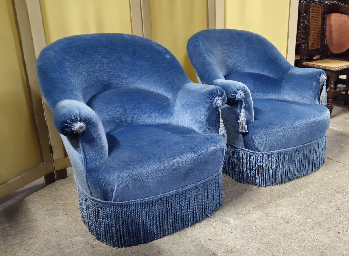 Pair Of Napoleon III Period Toadstool Armchairs In Deep Blue Velvet-photo-3