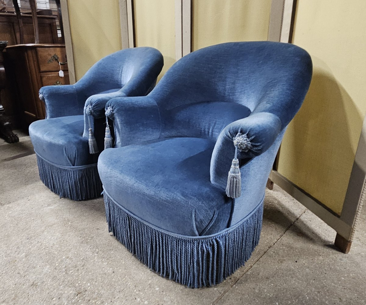 Pair Of Napoleon III Period Toadstool Armchairs In Deep Blue Velvet-photo-4