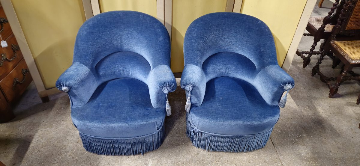 Pair Of Napoleon III Period Toadstool Armchairs In Deep Blue Velvet-photo-5