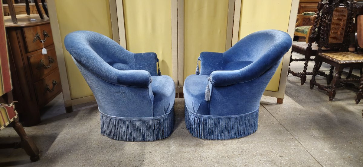 Pair Of Napoleon III Period Toadstool Armchairs In Deep Blue Velvet-photo-6