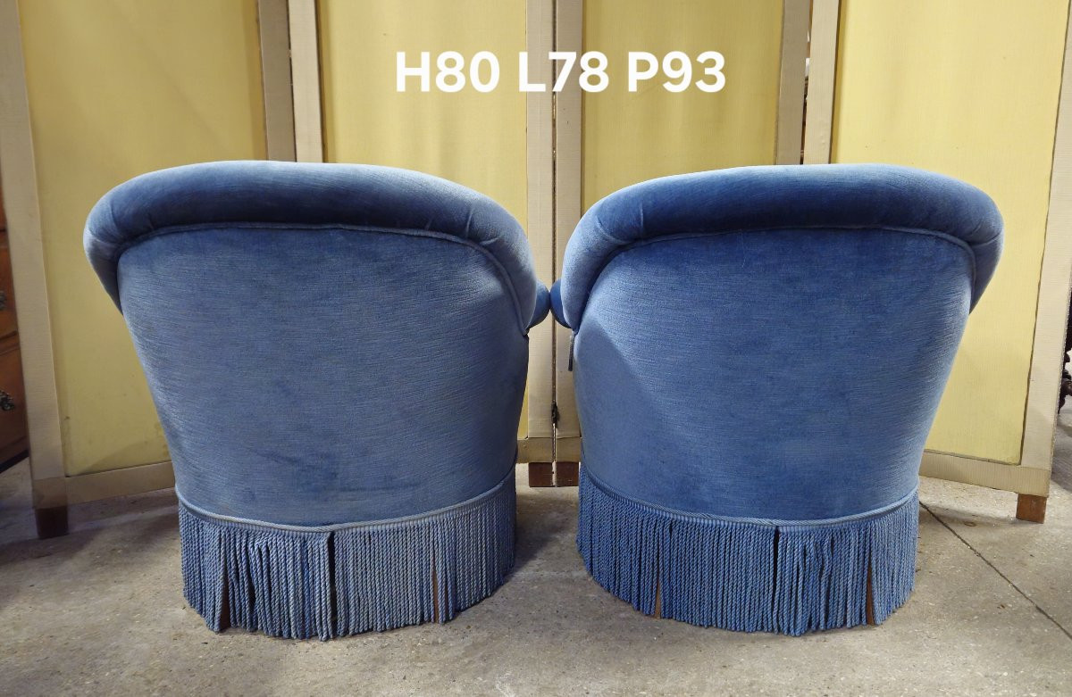 Pair Of Napoleon III Period Toadstool Armchairs In Deep Blue Velvet-photo-7