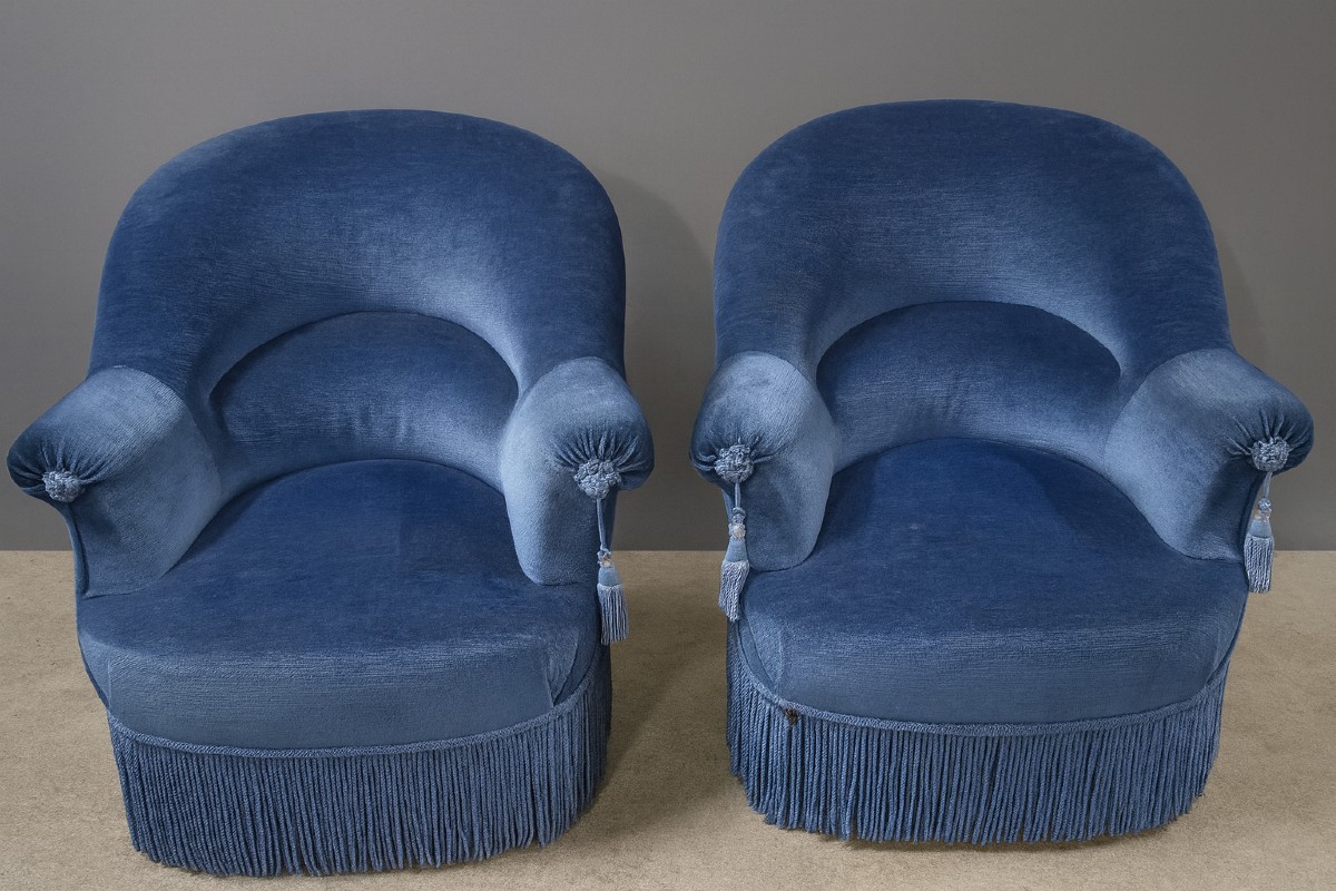 Pair Of Napoleon III Period Toadstool Armchairs In Deep Blue Velvet
