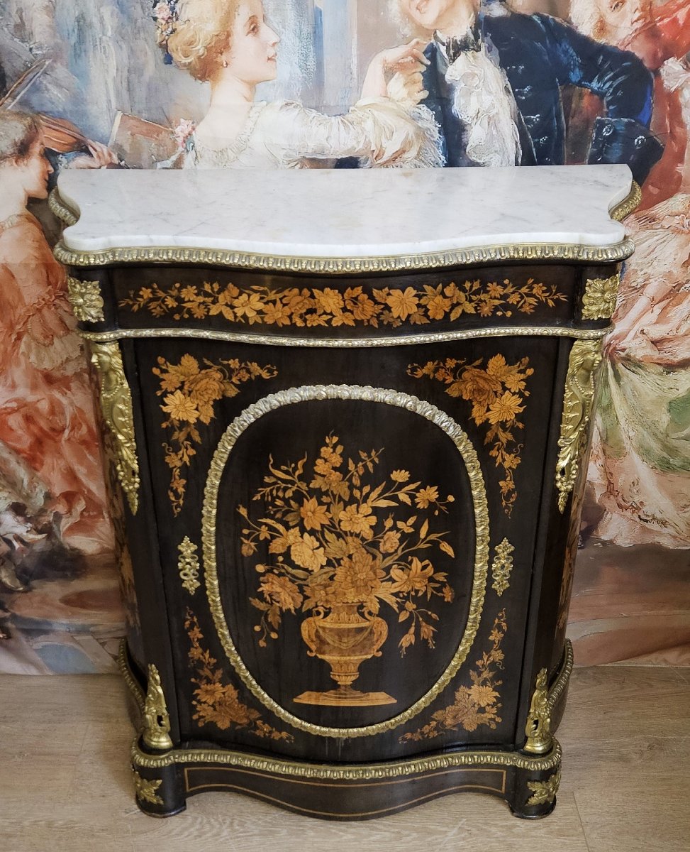 A Curved Boulle Cabinet From The Napoleon III Period, Made Of Lacquered Wood And Marquetry.-photo-2