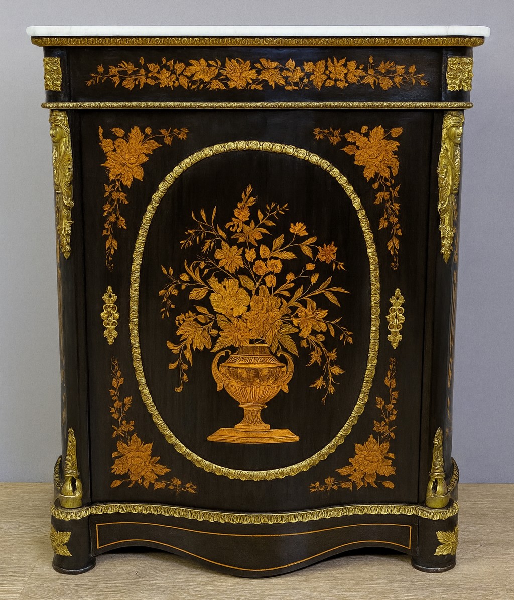 A Curved Boulle Cabinet From The Napoleon III Period, Made Of Lacquered Wood And Marquetry.