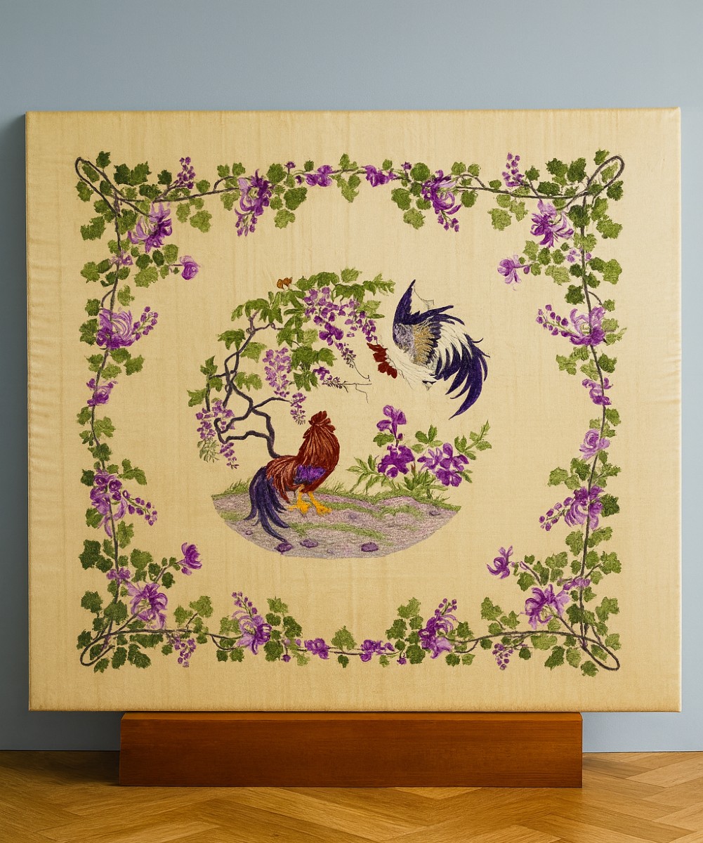 Asie vers 1900 : broderie ancienne sur soie, entièrement réalisée à la main