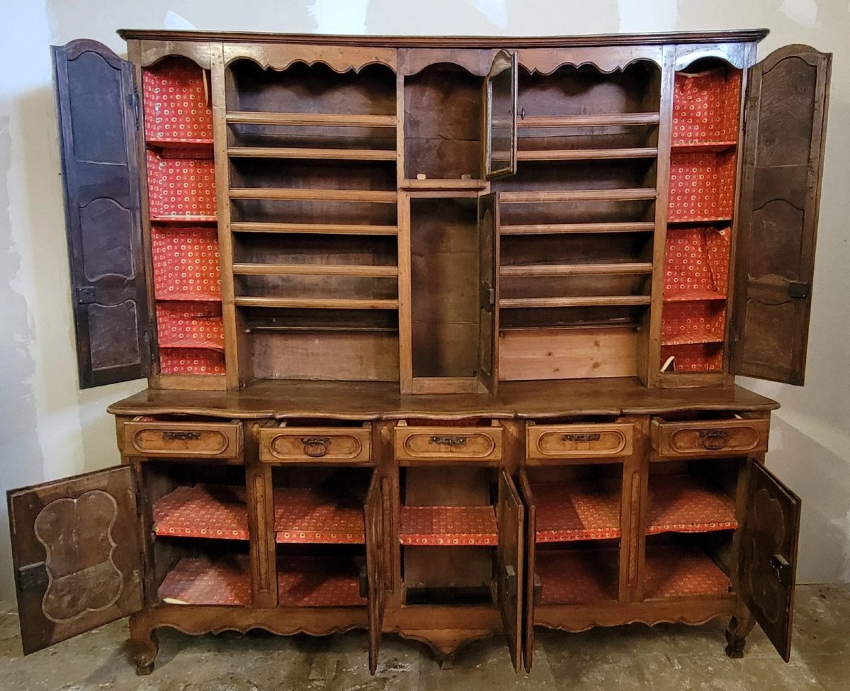 Vaisselier a horloge époque Louis XV en noyer et orme, entièrement sculpté-photo-5