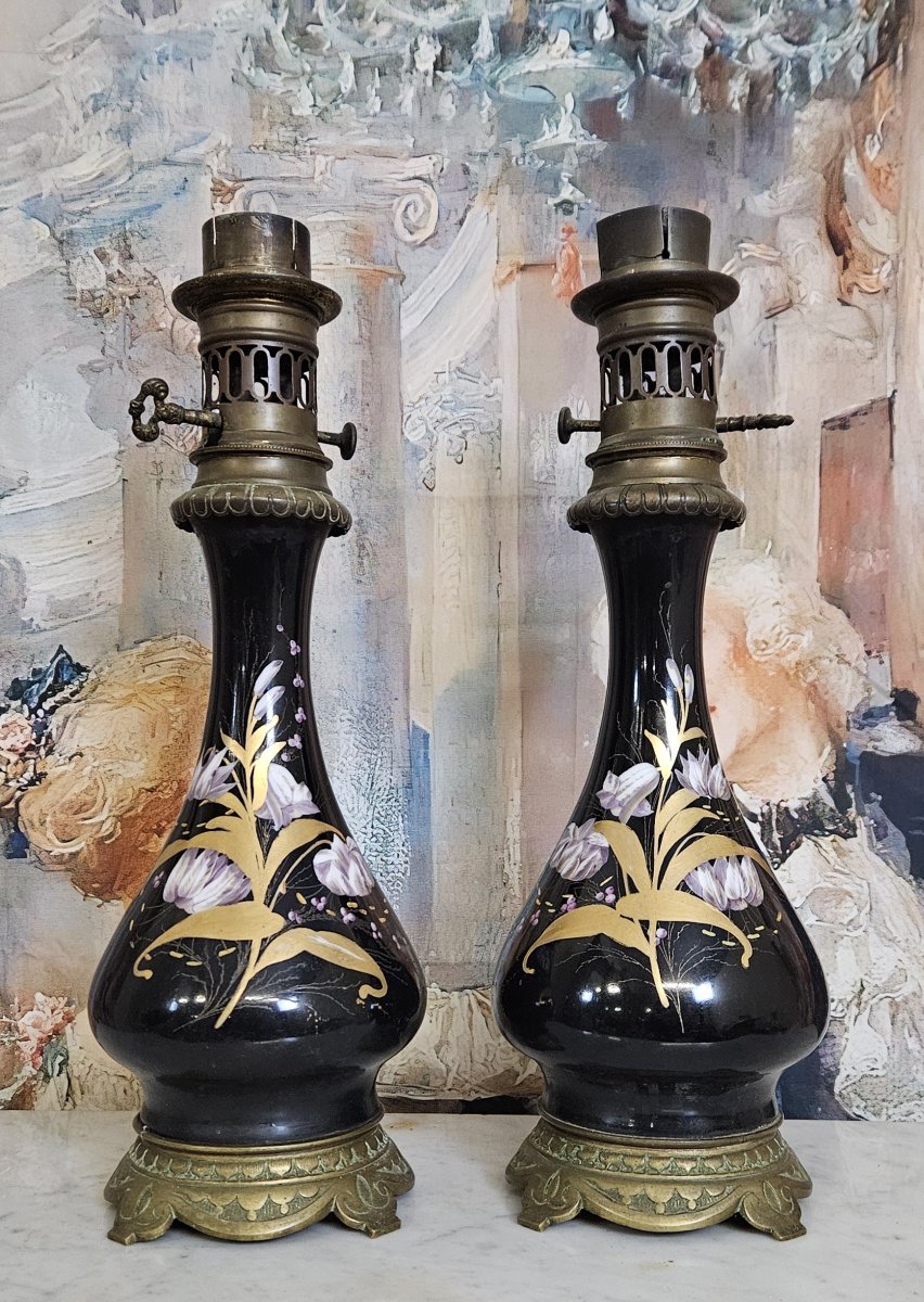 Pair Of Napoleon III Period Lamps, With Black Enameled Porcelain Stems -photo-2