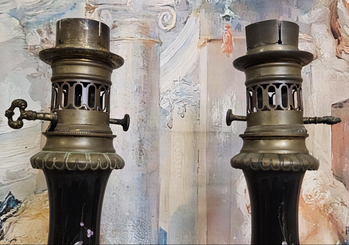 Pair Of Napoleon III Period Lamps, With Black Enameled Porcelain Stems -photo-3
