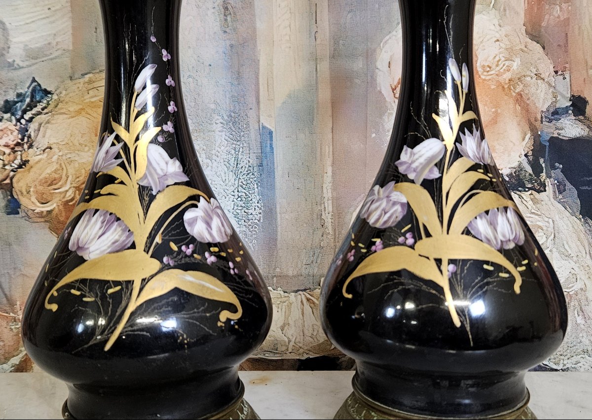 Pair Of Napoleon III Period Lamps, With Black Enameled Porcelain Stems -photo-4
