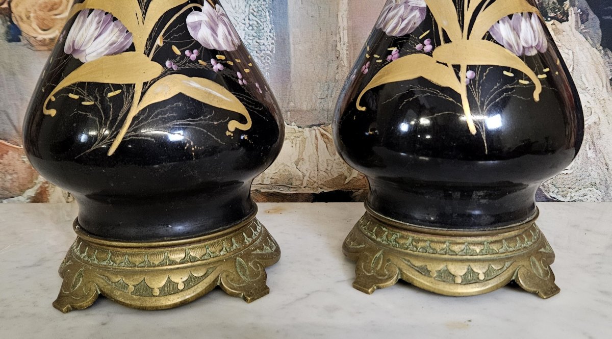 Pair Of Napoleon III Period Lamps, With Black Enameled Porcelain Stems -photo-5