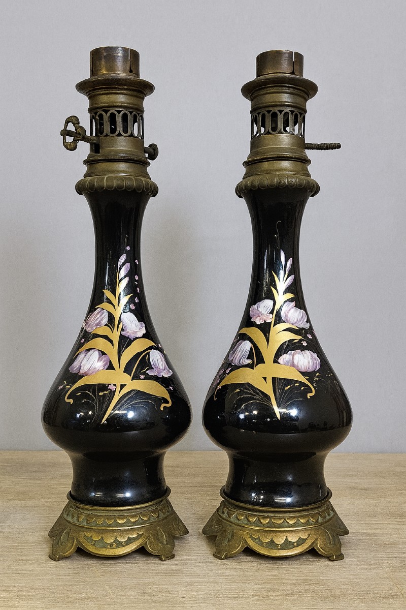 Pair Of Napoleon III Period Lamps, With Black Enameled Porcelain Stems 