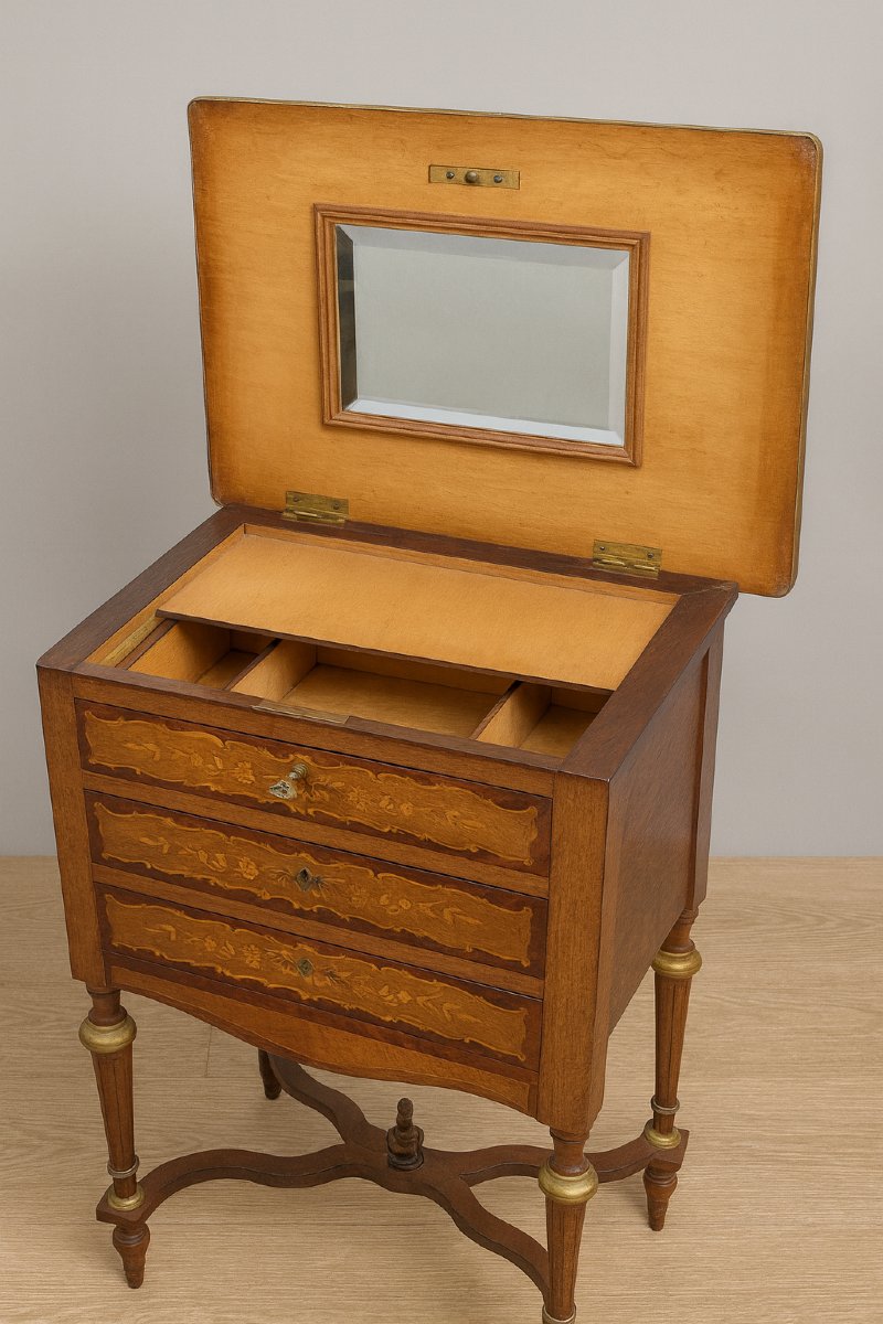 Commode de Dame a toilette dissimulée, richement décorée d’une marqueterie florale-photo-1