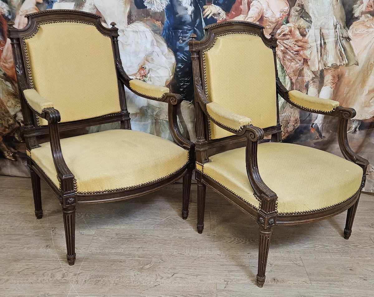 Paire de fauteuils style Louis XVI, en bois sculpté-photo-5