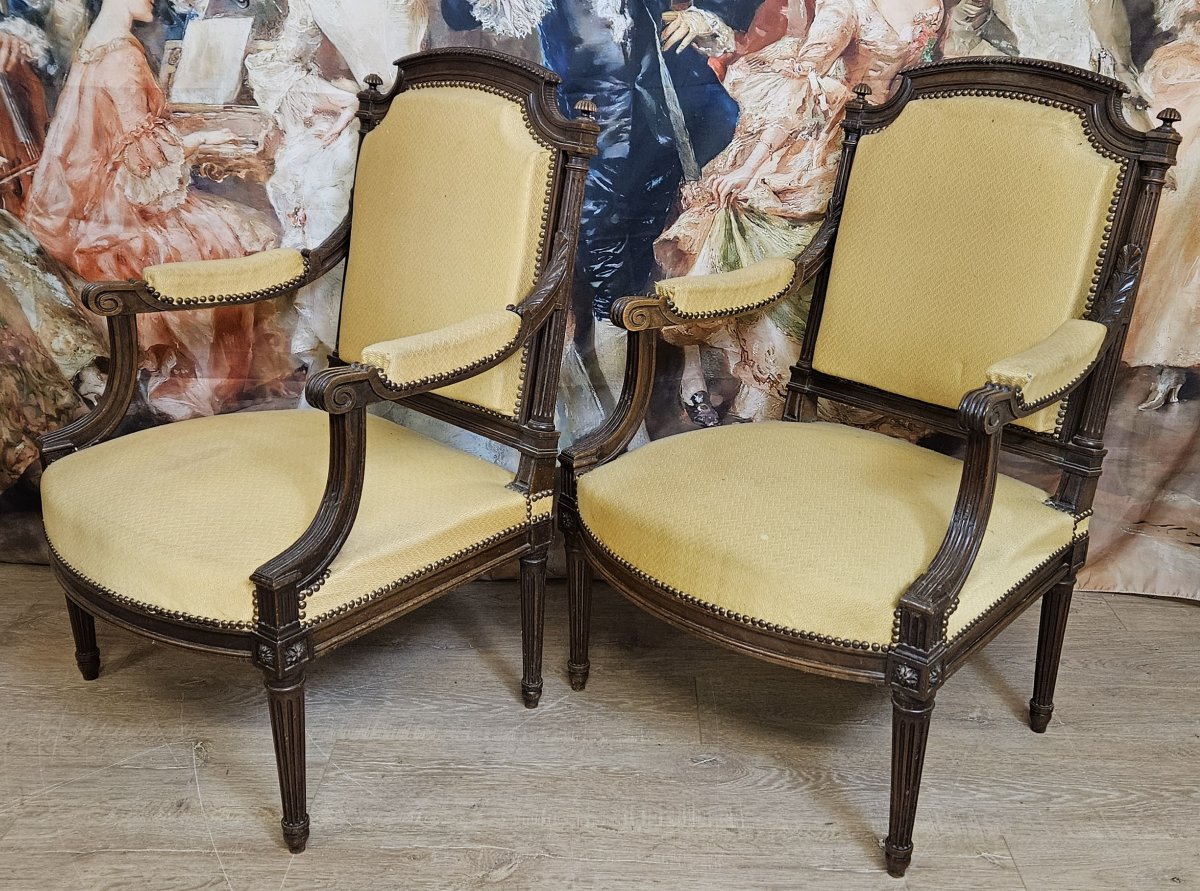 Paire de fauteuils style Louis XVI, en bois sculpté-photo-7