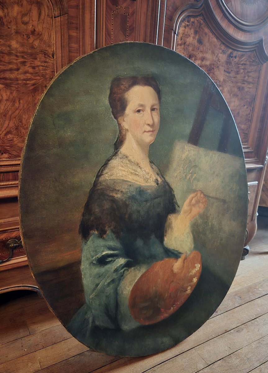 Large Oval Portrait Depicting A Young Female Painter, Holding A Palette -photo-1