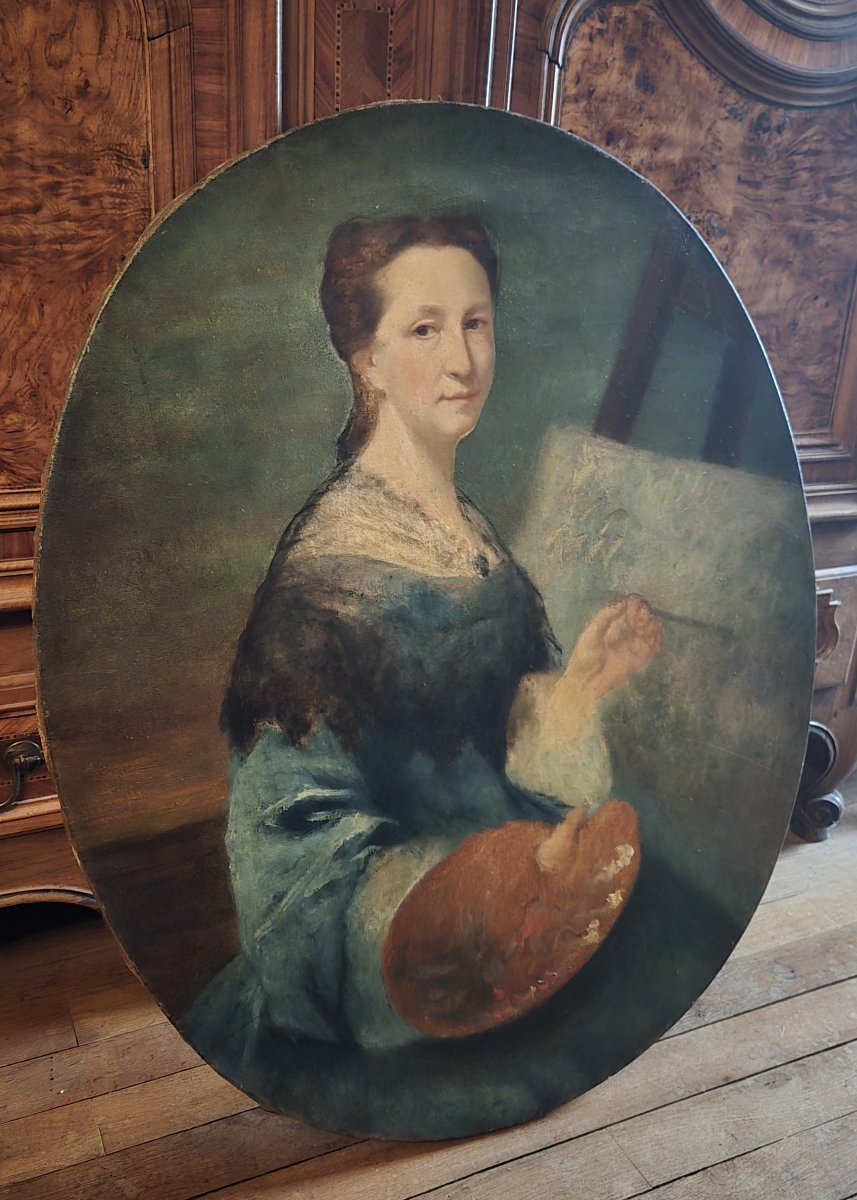 Large Oval Portrait Depicting A Young Female Painter, Holding A Palette -photo-2