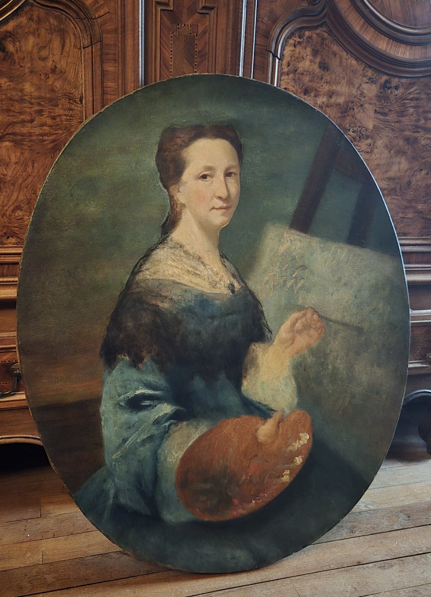 Large Oval Portrait Depicting A Young Female Painter, Holding A Palette -photo-4