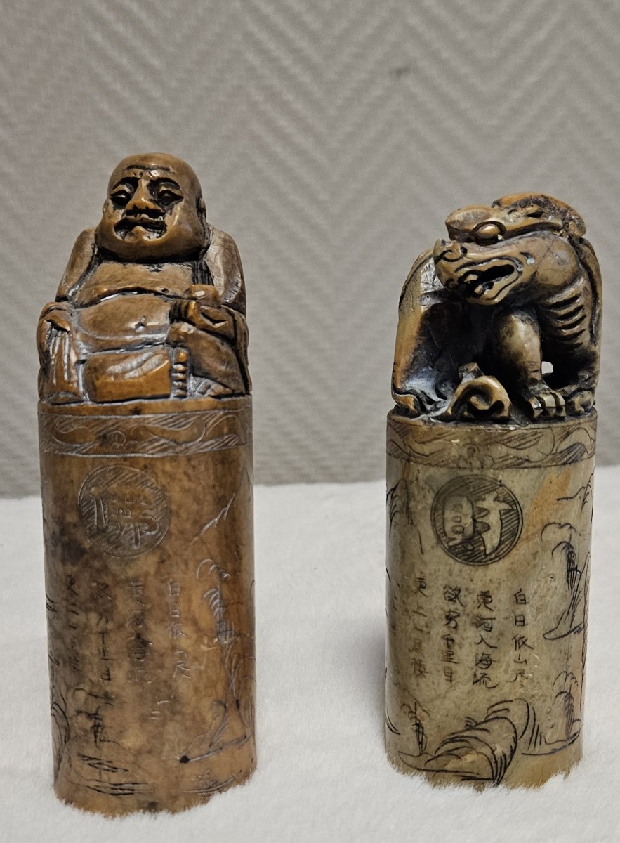 Rare et intéressante paire de cachets chinois anciens, sculptés en pierre dure naturelle -photo-1