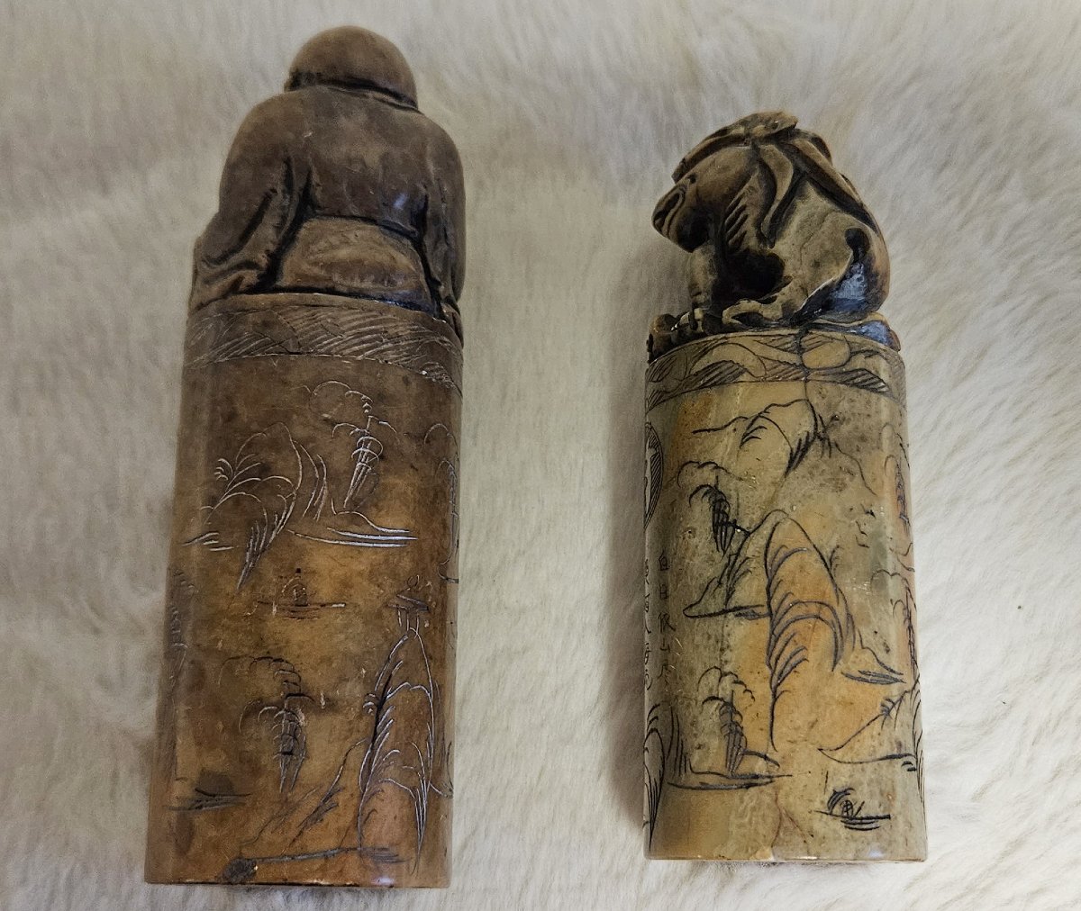 Rare et intéressante paire de cachets chinois anciens, sculptés en pierre dure naturelle -photo-6