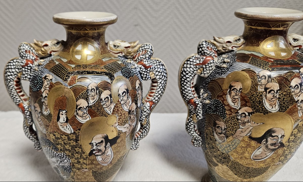 Importante paire de vases japonais en céramique Satsuma, richement décorés à la main-photo-5