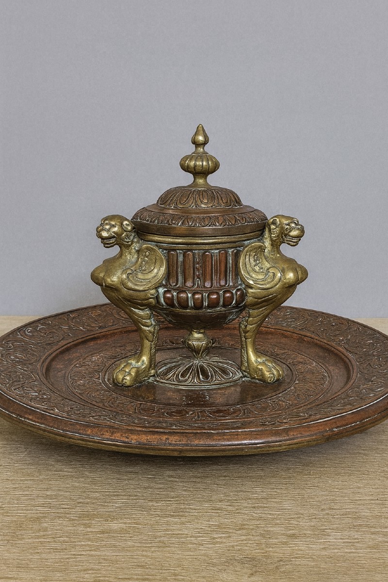 Encrier ancien,  XIXᵉ siècle, style Renaissance réalisé en bronze doré et cuivre 