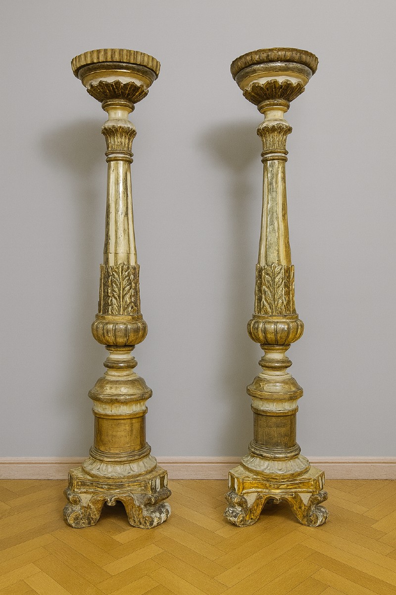 Lombardy, 17th Century: A Very Important Pair Of Lacquered And Gilded Wooden Candlesticks