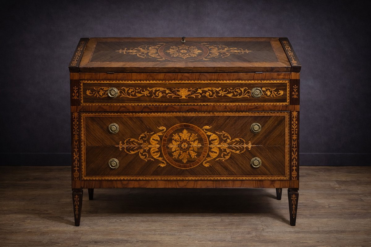 commode secrétaire scriban style Louis XV à abattant, en bois précieux -photo-1