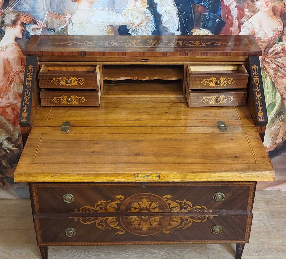 commode secrétaire scriban style Louis XV à abattant, en bois précieux -photo-6