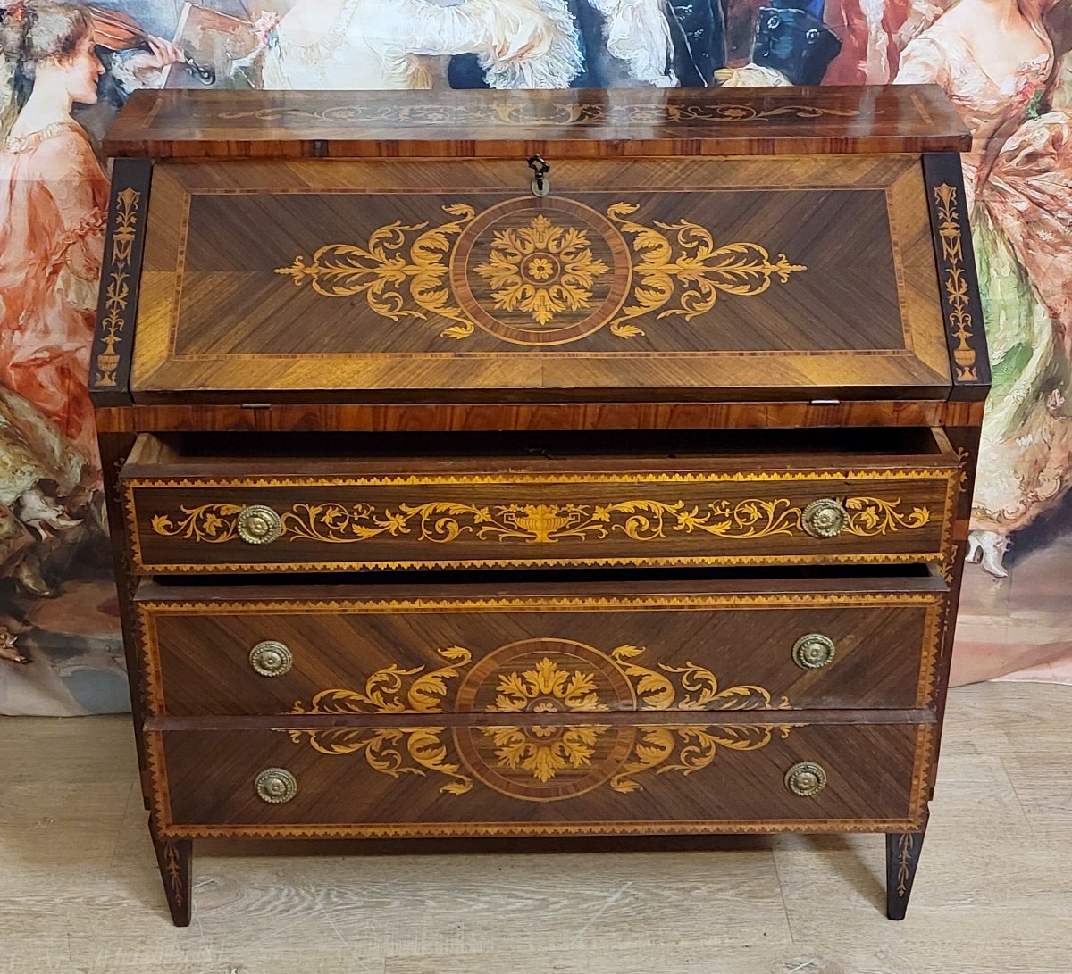 commode secrétaire scriban style Louis XV à abattant, en bois précieux -photo-7