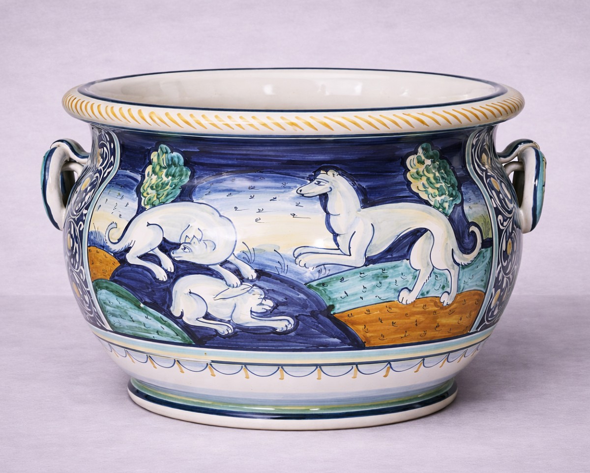 Italie début XXeme : Grand cache-pot ou jardinière en faïence émaillée