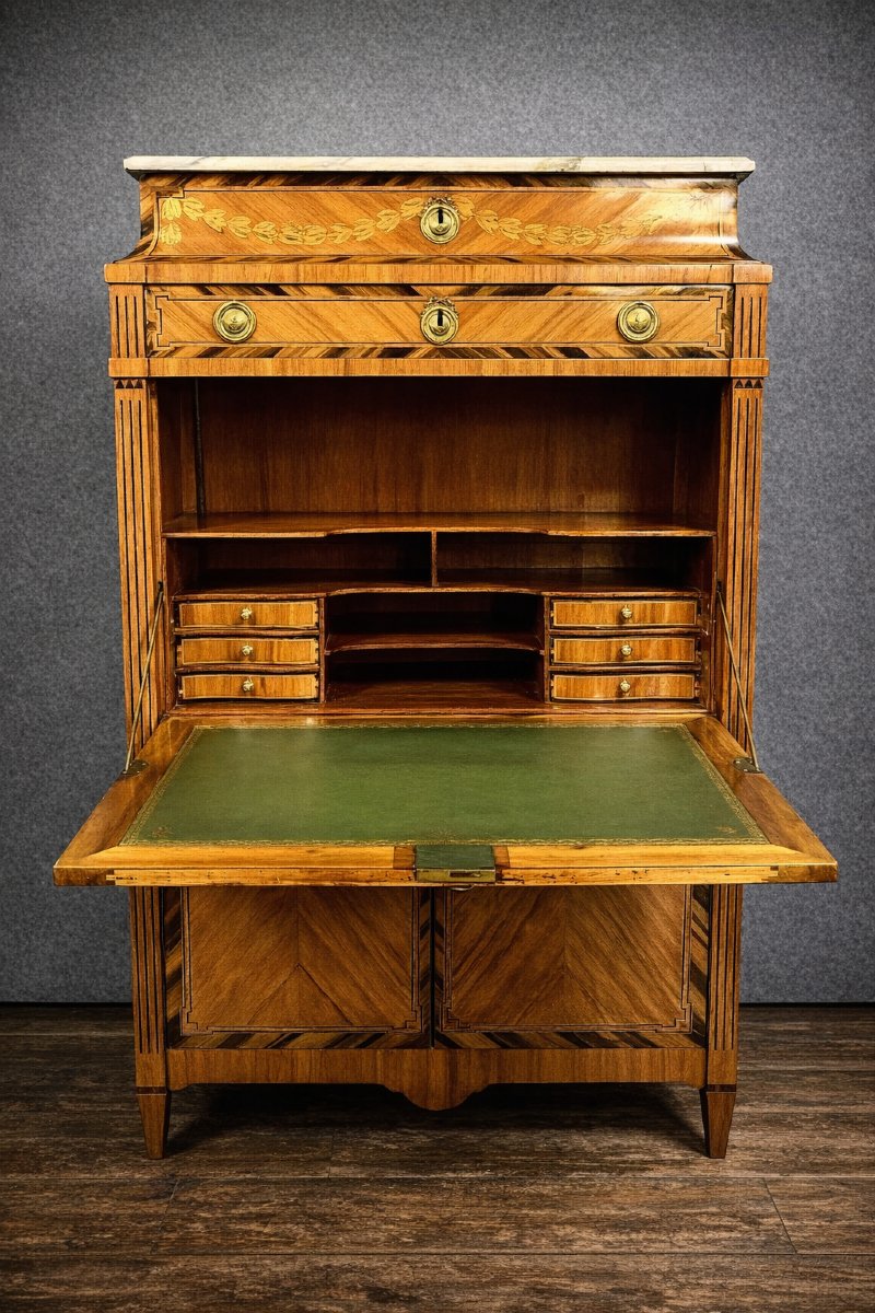 Secrétaire époque Louis XVI en marquéterie de bois précieux -photo-2