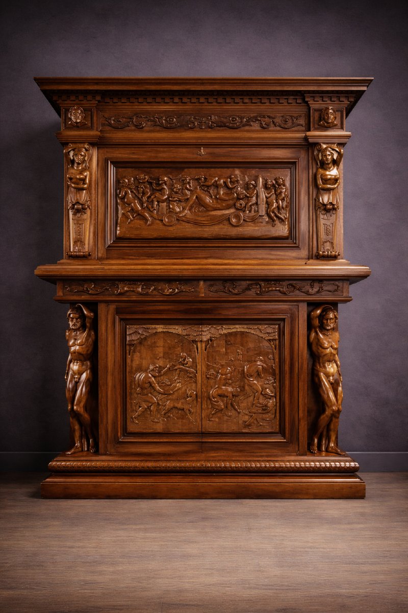 Meuble ancien en bois massif richement sculpté, de style Renaissance-photo-1