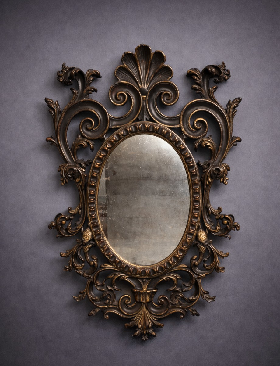 Antique Louis XV Style Mirror, Richly Carved With A Decoration Of Scrolls, Shells And Foliage.