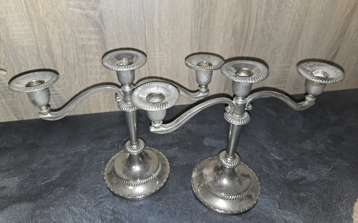 Pair Of Three-light Silver-plated Metal Candlesticks-photo-3