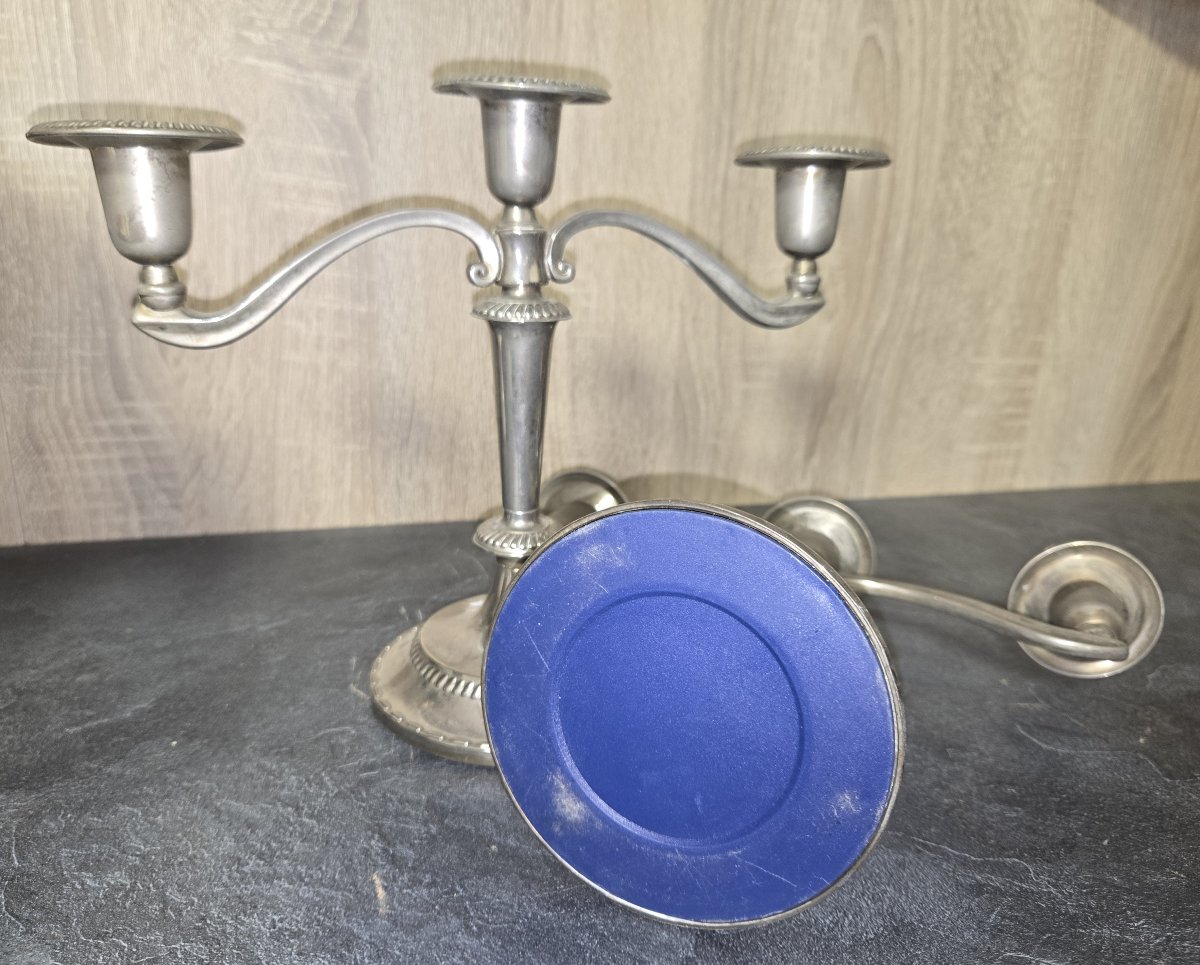 Pair Of Three-light Silver-plated Metal Candlesticks-photo-4