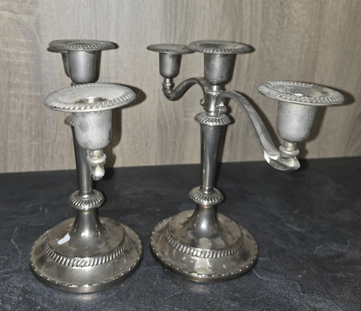 Pair Of Three-light Silver-plated Metal Candlesticks-photo-5
